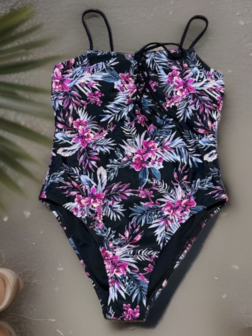 bebe Black One-Piece Swimsuit with Pink Floral Print